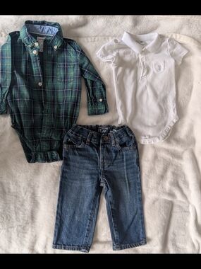 *Pre love* Carter's Green Plaid Button-Up One-Piece, Janie & Jack Polo, Jeans